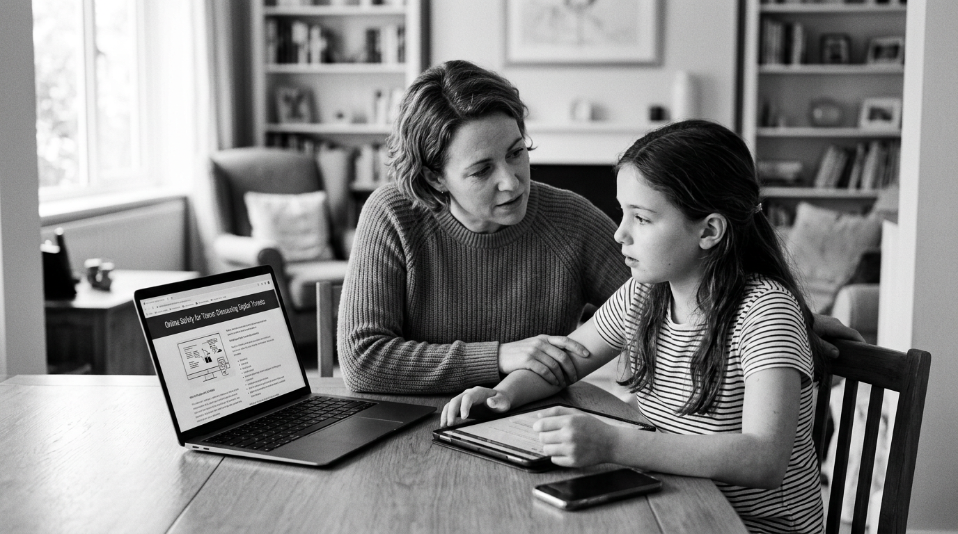 A parent and child sitting together at a table, reviewing online safety guidance on a laptop