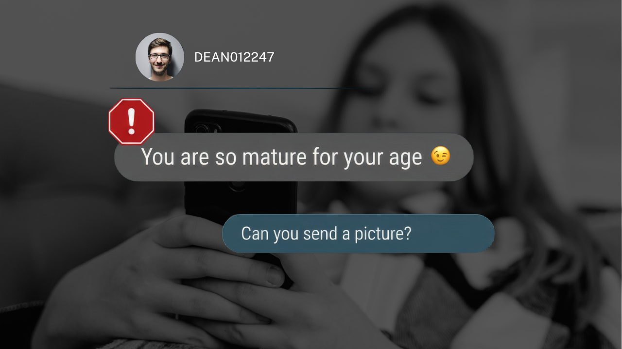 A predator messaging a child: 'You are so mature for your age' followed by 'Can you send a picture?'